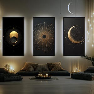 Sun and Moon Wall Art Set - 3 Printable Celestial Posters in Gold and Black, Modern Boho Sun & Moon Phase Print Set, Spiritual Wall Decor