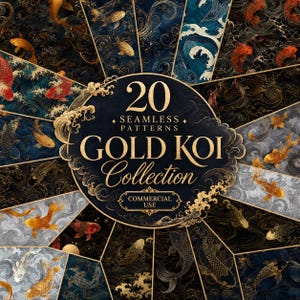 May include: A collection of 20 seamless patterns featuring gold koi fish designs. The patterns include koi fish, waves, and other Japanese-inspired elements in shades of gold, red, and blue. The text "Gold Koi Collection" is displayed in gold lettering.