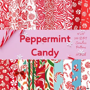 Könnte beinhalten: Ein Set mit 20 digitalen Papiermustern mit Pfefferminz-Zuckerstangen und -Wirbeln in Rot und Weiß. Die Muster sind 30,5 cm x 30,5 cm groß und haben eine Auflösung von 300 DPI. Pfefferminz-Bonbon-Nahtlose Muster 20er Pack.