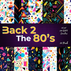 May include: A set of 20 digital seamless patterns in a retro 80s style. The patterns feature geometric shapes, bright colors, and neon accents. The patterns are 12 inches by 12 inches and 300 DPI.