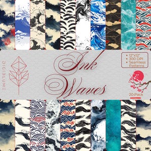 May include: A collection of 20 seamless patterns with an ink wave theme. The patterns feature various designs, including stylized waves, clouds, and abstract textures in shades of blue, black, white, and red. The image includes the text "Ink Waves" and "20.Pack".