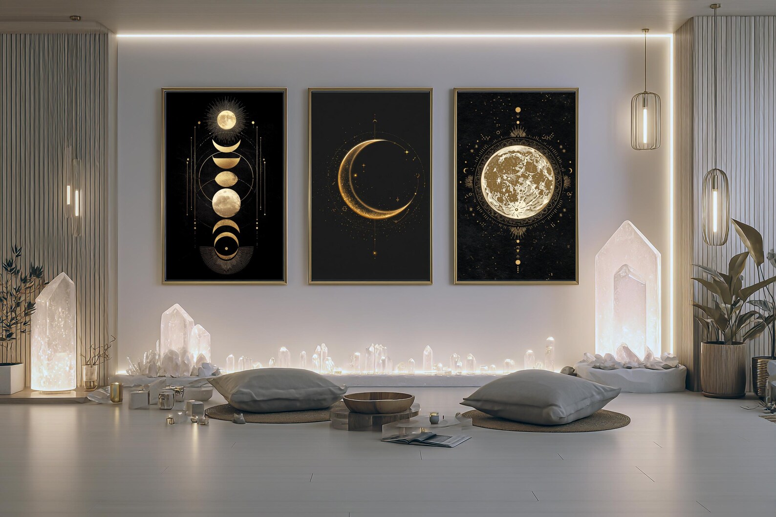 Moon Phase Wall Art Set: Black and Gold Celestial Prints (digital ...