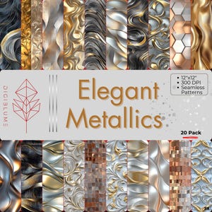 May include: A set of 20 digital paper patterns featuring elegant metallic textures in gold, silver, and copper. The patterns are 12 inches by 12 inches and 300 DPI.