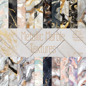 May include: 20 seamless digital paper patterns featuring metallic marble textures in shades of gold, black, white, and grey.  12" x 12", 300 DPI.