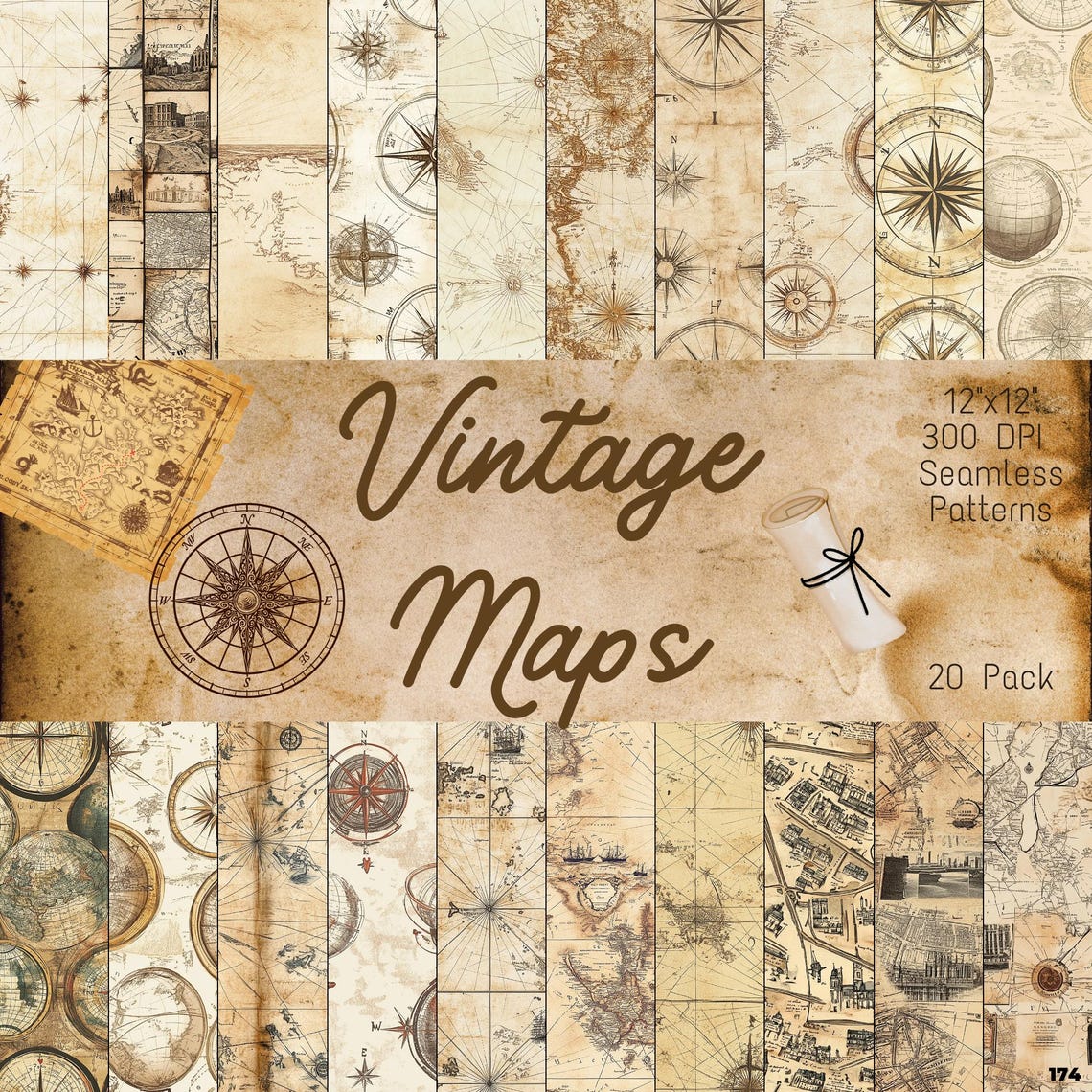 Cartography Pattern Vintage Map Patterns | Antique Cartography Design | Digital Fantasy Map ...