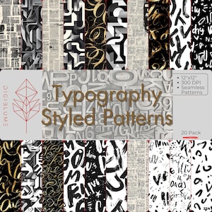 Puede incluir: Una colección de 20 patrones sin costuras de estilo tipográfico. Los patrones presentan una variedad de diseños en negro, blanco y dorado, incluyendo formas abstractas, pinceladas e impresión de periódico. Se muestra el texto "Typography Styled Patterns".