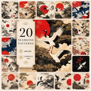 May include: A set of 20 seamless patterns with Japanese motifs. The designs include cranes, red suns, and landscapes in red, black, white, and gold. The image features the text "20 SEAMLESS PATTERNS".