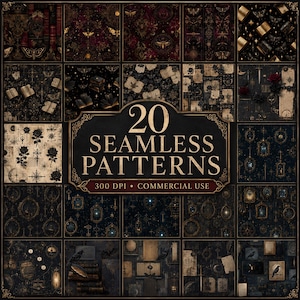 Puede incluir: Una colección de 20 patrones sin costuras con motivos oscuros de inspiración gótica que incluyen polillas, libros abiertos, rosas, llaves y marcos ornamentados en negro, oro y rojo oscuro, con el texto 20 SEAMLESS PATTERNS 300 DPI COMMERCIAL USE.