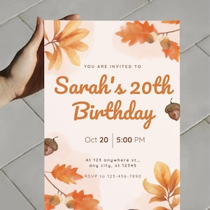 Autumn Birthday Invitation: Watercolor Fall Leaves, Editable Template (Digital Download)