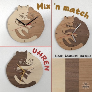 Wooden clock with cuddly cats - silent quartz movement, wall clock in various wood types, real wood - customizable with mix and match