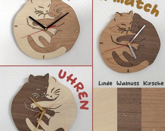 Wooden clock with cuddly cats - silent quartz movement, wall clock in various wood types, real wood - customizable with mix and match