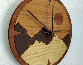 Wooden clock with creeping quartz movement mountain motif wall clock various types of wood real wood