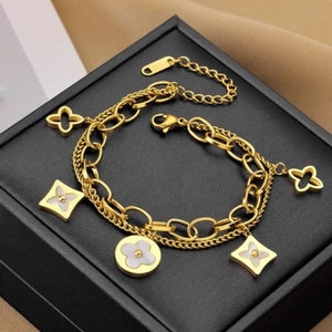 2021 Fashion Unisex Louis Vuitton Brown Leather Yellow Gold Plated Link  Chain Charm Monogram Pattern Bracelet