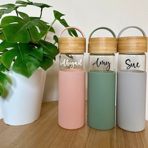 Personalised Glass water bottle silicone  |Personalised water bottle | personalised bottle |Cork Wooden Lid |Personalised Gift | Reusable