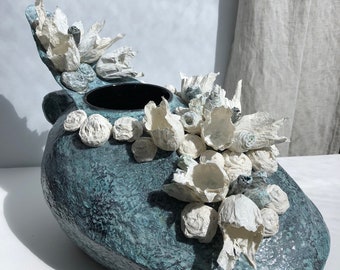 Paper mache vase, with flowers, antique look, made of paper, decorative handmade vessel, organic, floral, can be filled with water