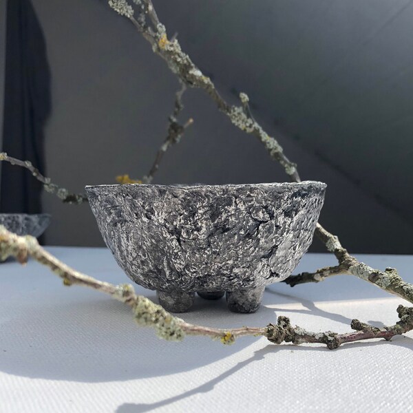Paper mache bowl stone look with three small feet, Wabi Sabi