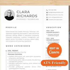 May include: A resume template for a Pharmacy Technician. The resume includes a profile, work experience, and education sections. The resume has a photo of a person wearing glasses. The resume also includes contact information and a call to action to edit in Canva.