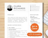 Executive Assistant Resume Template Canva with Cover Letter 1 Page CV + 2 Page Resume Job Application Minimalist Professional Corporate