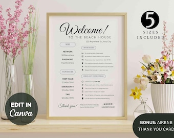 Editable Airbnb Welcome Sign | Short Term Rental Host Printable | Canva Template for Guest House Rules, Check In & WiFi Info