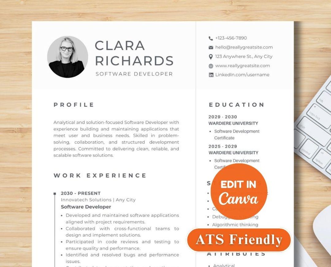Software Developer Resume Template Canva With Cover Letter 1 Page CV ...