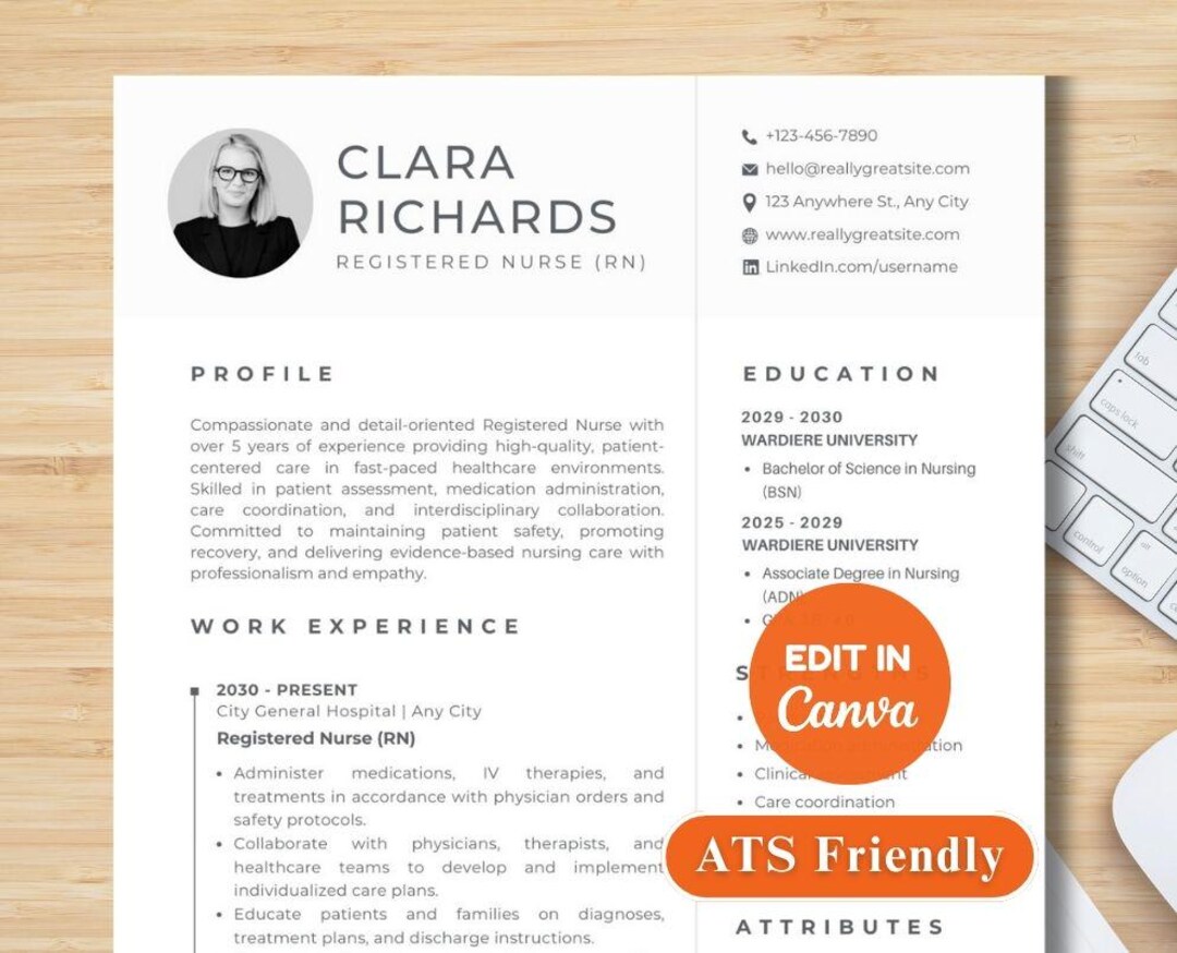 Registered Nurse Resume Template Canva With Cover Letter 1 Page CV + 2 ...