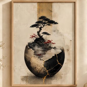 Kintsugi Bonsai Wall Art, Japanese Zen Print, Wabi Sabi Japandi Decor