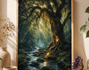 Ancient Tree Wall Art, Fairy Forest Print, Magical Woodland Landscape