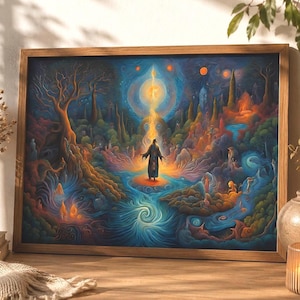 May include: A rectangular framed wall art print featuring a vibrant, surreal landscape painting. A central figure stands in a glowing light, surrounded by swirling blue water, dense colorful forests, and a bright golden sky with celestial orbs.