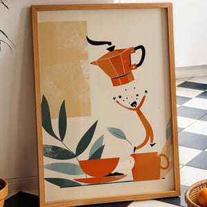 Mid Century Coffee Wall Art, Moka Pot Kitchen Print, Terracotta Retro Café Decor, Digital Download