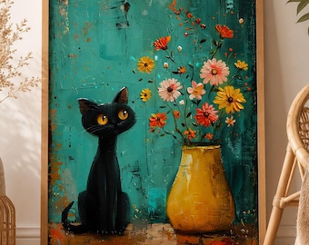 Arte mural de gato negro, lámina de gato de arte popular, obra de arte en jarrón de flores silvestres, pintura de gato de estilo cottagecore caprichoso