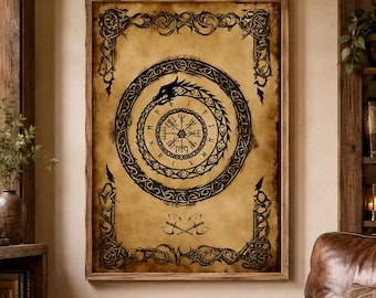 Ouroboros Vegvisir Wall Art, Norse Protection Symbol, Viking Compass Poster