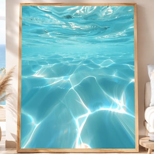 Lyxig kustväggkonst, turkos havstryck, modern strandhusdekor, minimalistisk vattenreflektionposter