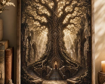 Yggdrasil Tree of Life Wall Art, Norse Mythology Print, Viking Temple Decor, Fantasy Woodland Poster, Nordic Digital Download