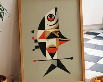 Mid Century Geometric Fish Wall Art, Abstract Modern Character Poster, Retro Minimalist Printable