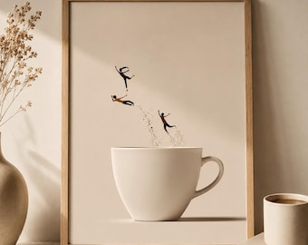 Cuadro decorativo de café con figuras diminutas, lámina surrealista de café, decoración para cafetería o cocina.