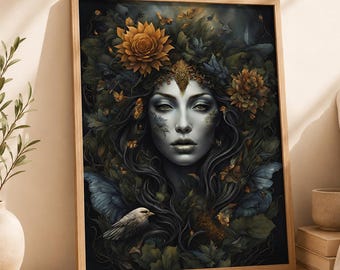 Nature Goddess Wall Art, Mystical Woman Portrait, Botanical Goddess Print, Sacred Feminine Decor, Spiritual Art Download