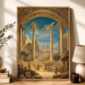 Ancient Thebes wall art with monumental Greek columns, classical temple ruins and dramatic Ancient Greece landscape.