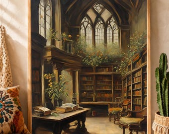 Gotische bibliotheek kunst aan de muur, botanische bibliotheek print, Dark Academia decor, vintage leeszaal kunst, boekenliefhebber cadeau, digitale download