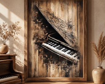 May include: A framed wall art print featuring a stylized, abstract illustration of a grand piano. The artwork uses a palette of brown, tan, and black tones, with visible wood grain textures and ink-like splatters surrounding the piano keys.