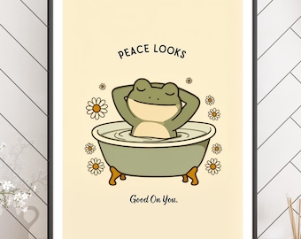 Divertidos cuadros de ranas para la pared, lámina "La paz te sienta bien", decoración para el baño para el autocuidado, póster de ranas adorables para el baño, lámina con cita ingeniosa sobre ranas.