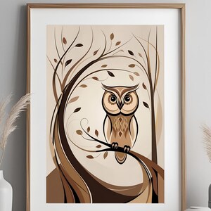 Minimalist Owl Wall Art Print,, Woodland Animal Digital Download, Neutral Brown Forest Decor, Owl Line Art, Owl Poster, Boho Animal Art