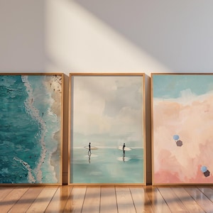 Beach Wall Art Set of 3, Tiny People Ocean Prints, Coastal Surf Poster Trio, Beach House Decor, Digital Download