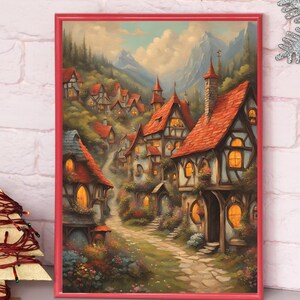 Pôster digital de vila de contos de fadas, presente para crianças, decoração de parede medieval, decoração de parede aconchegante com pôr do sol, pôster vintage rústico, decoração de berçário, para crianças