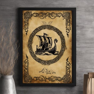 Pôster vintage de navio viking: arte de parede da mitologia nórdica (download digital)