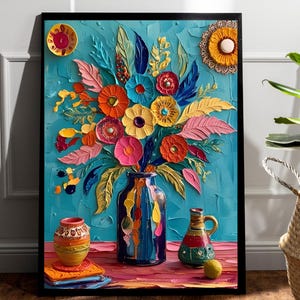 Estampado floral maximalista, arte floral para pared, estampado de florero, póster de florero, arte floral colorido, póster de flores bohemias, arte floral bohemio