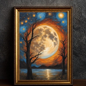 Bezaubernder Mond und Sternennacht Kunst, Celestial Poster, Van Gogh Druck, Sternennacht Poster, Van Gogh Malerei, Fantasy Kunst, Mystische Kunst