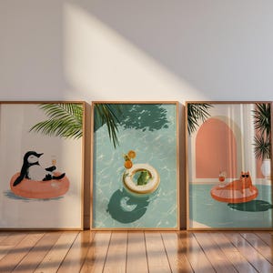Conjunto de 3 quadros decorativos para piscina, com tema de férias de verão, decoração de resort tropical, arte com boias de piscina e estética costeira moderna.