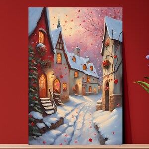 Middeleeuwse Valentijn stad olieverfschilderij digitale poster, Valentijn kunst aan de muur, romantische kaarten cadeau, cadeau valentijn, winter kunst aan de muur, vakantie cadeau
