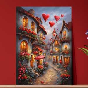 Digitale poster middeleeuwse liefdesstad, valentijnsafdrukken, afdrukbare kaarten voor v-day, romantische muurkunst, cadeau-prints v-day, poster voor valentijnskaarten