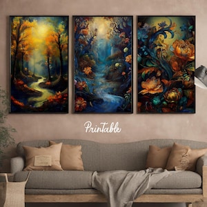 Mystical Forest Wall Art Set: Vibrant Floral Dreamscape (Digital Download, Set of 3